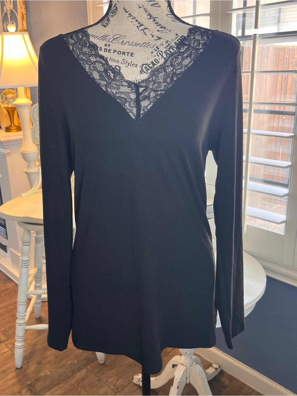 torrid Black Lace-Trim ribbed V-Neck Long Sleeve Top
